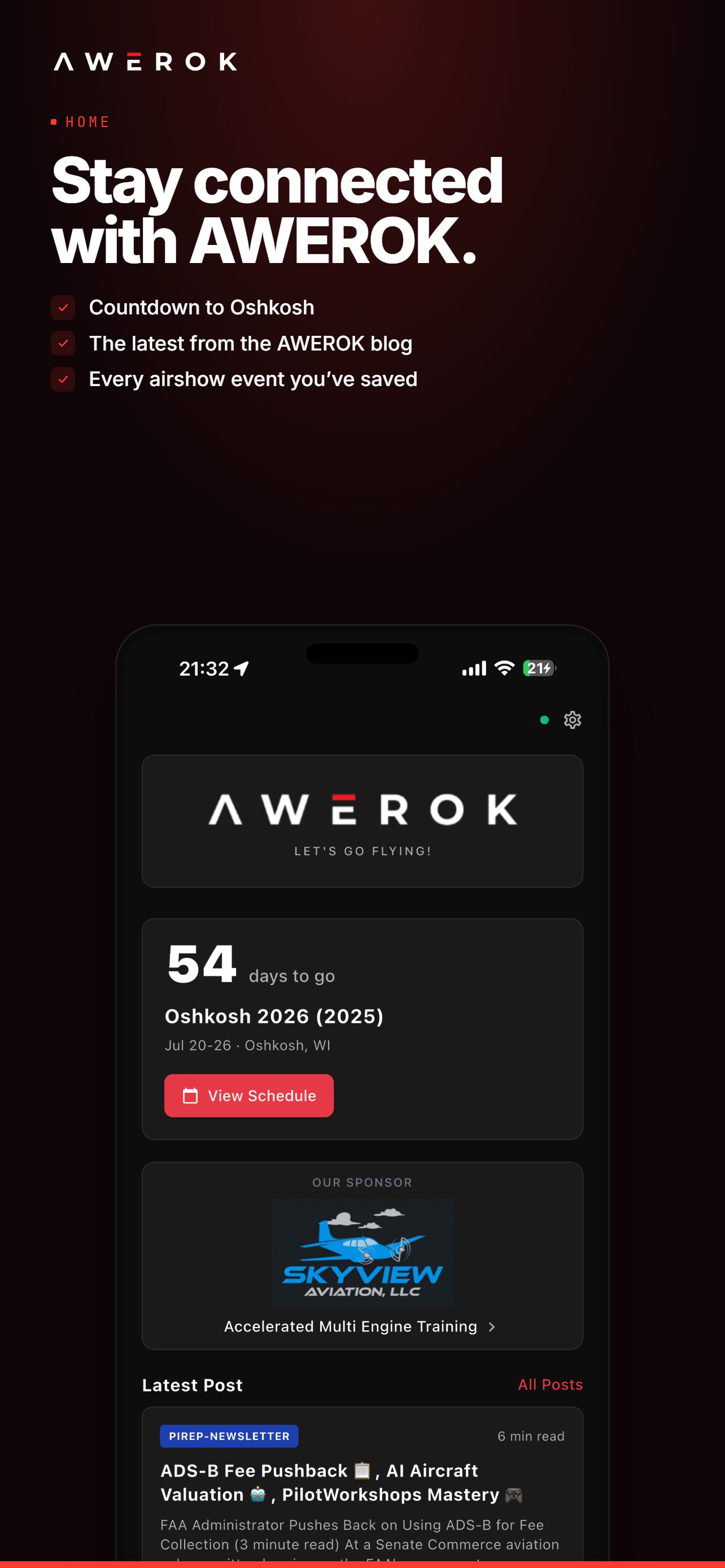 AWEROK home screen showing a 54-day countdown to Oshkosh, the Skyview Aviation sponsor card, and the latest blog post