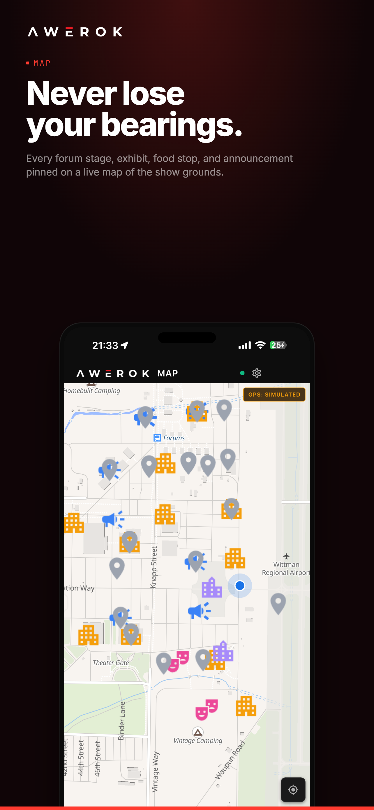 AWEROK map screen showing the Oshkosh show grounds with colored venue pins and GPS location