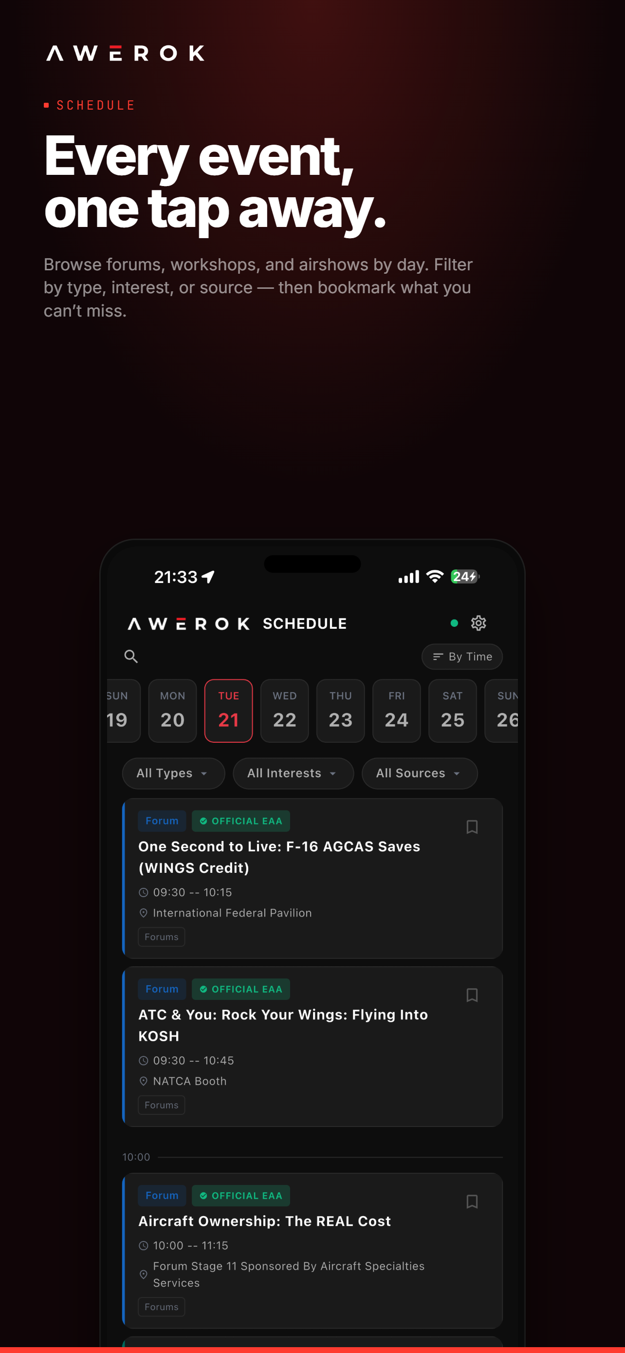 AWEROK schedule screen showing a day-filtered event list with type and interest chips